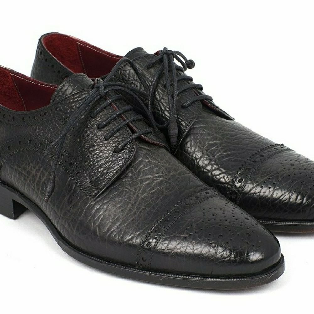 Paul Parkman Black Aged Leather Captoe Derby Shoes